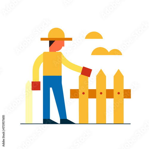 Farmer with hat and gloves working on a wooden fence under a sunny sky