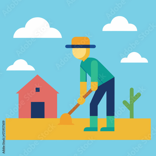 Farmer digging in the field near a red barn under a blue sky with clouds