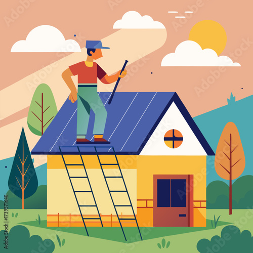 Roofer working on a house under a sunny sky with clouds and trees