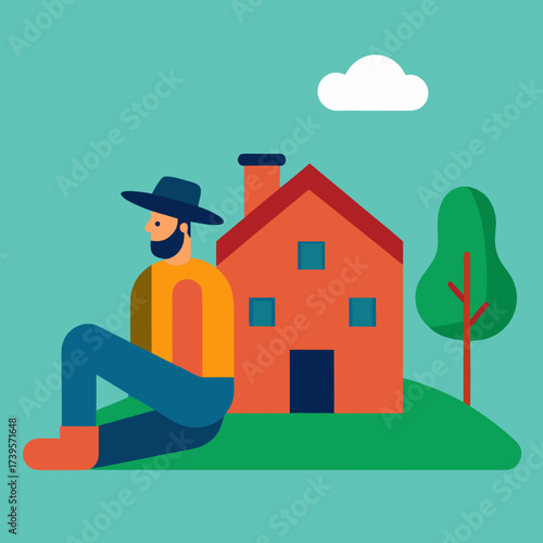 Stylized man in hat sits beside orange house with tree and cloud