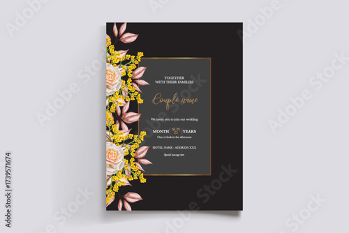 WEDDING INVITATION FRAME WITH FLOWER DECORATIONS AND FRESH LEAVES