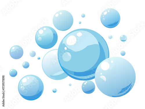 Abstract blue bubbles floating on white background