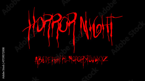 Horror Night dripping blood font, red gothic alphabet vector set for Halloween, dark poster, scary design, and spooky typography art.