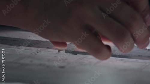 Hand Pointing at Architectural Blueprints and Technical Design Drawings on Desk