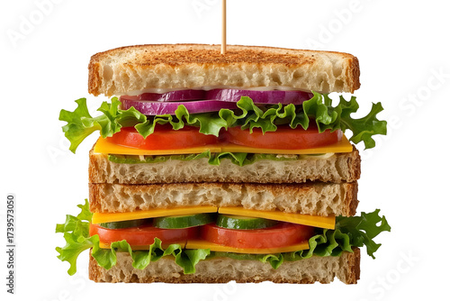 Tall stacked sandwich with lettuce tomato cheese and onion isolated on a transparent background