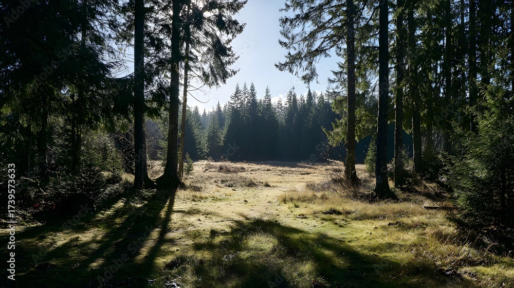 Fototapeta premium A serene woodland scene unveils a sunlit clearing framed by towering trees, their long shadows cast across the vibrant green mossy ground.