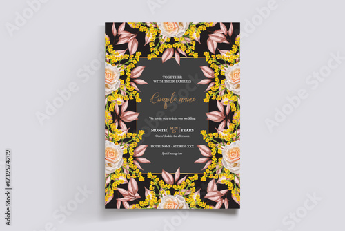WEDDING INVITATION FRAME WITH FLOWER DECORATIONS AND FRESH LEAVES