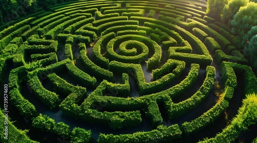 Maze made of green hedges, top view, sunny garden style, aerial perspective.