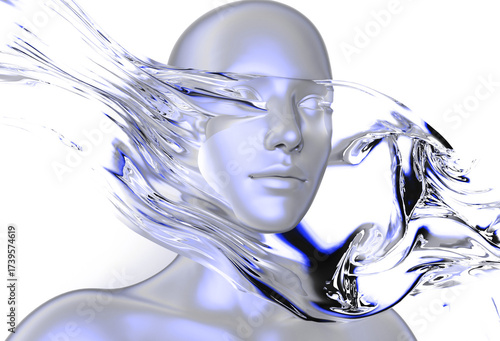 3D illustration shows a human head in profile with flowing, liquid-like forms in silver and blue hues covering the eyes, set against a white background, featuring glossy reflections, smooth curves.
