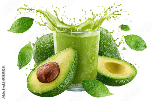 Refreshing, vibrant green juice splash in glass, surrounded by avocados and fresh leaves on black