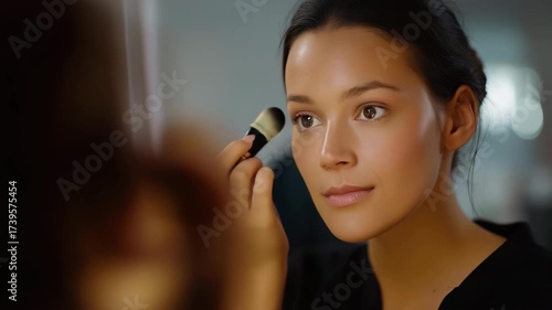A beautiful woman is applying makeup in front of a mirror, focusing on her reflection with a smile, enhancing her features as she prepares for an outing or special occasion.