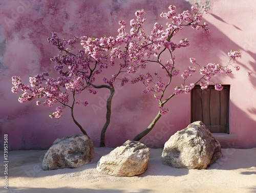 Pink Blossom Tree Zen Garden Minimalist Scene