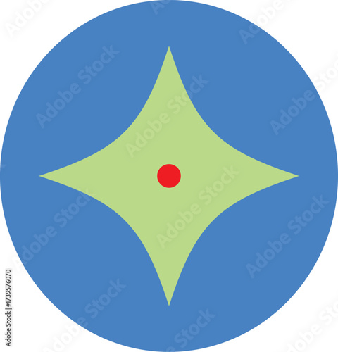 A circular design with a blue background a green diamond shape and a red dot in the center of it all
