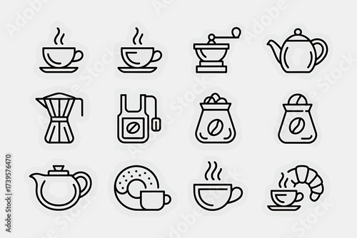 Coffee and Tea Icons Collection with Drink Preparation Tools and Pastries Minimalist Outline Style Design for Cafes and Menus
