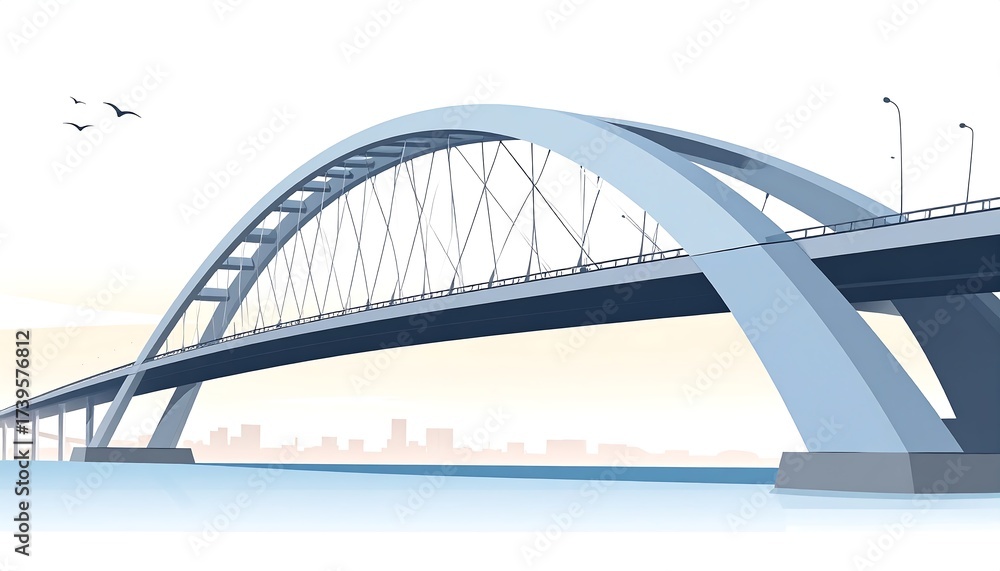 Obraz premium Vector illustration of a long arched bridge over calm water with a city skyline and birds in the distance. A modern perspective