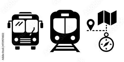 Public Transportation Icons Showing Bus Train Map Pin and Compass Representing Travel Options and Navigation Routes