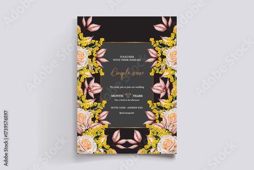 WEDDING INVITATION FRAME WITH FLOWER DECORATIONS AND FRESH LEAVES