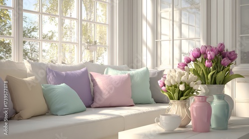 Bright, airy living room with pastel cushions, tulips, and a cozy, inviting springtime aesthetic
