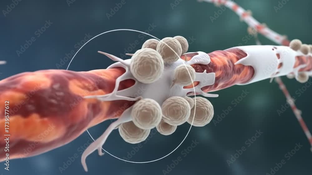 Close-up cinematic animation of nerve fiber with damaged myelin sheath ...