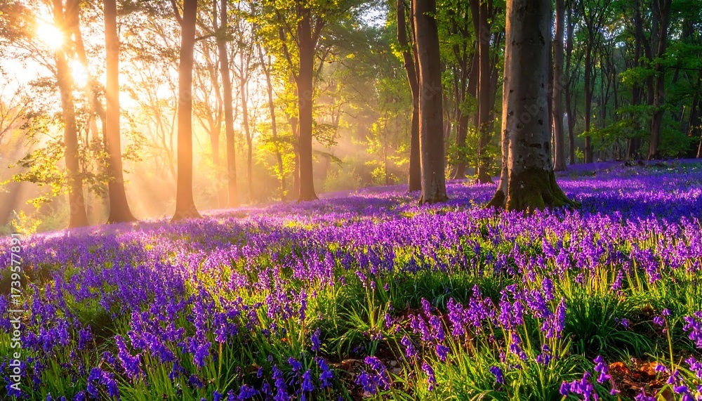 Naklejka premium Forest floor ablaze with a sea of bluebells. Sun filters through tall trees in a vibrant, tranquil scene