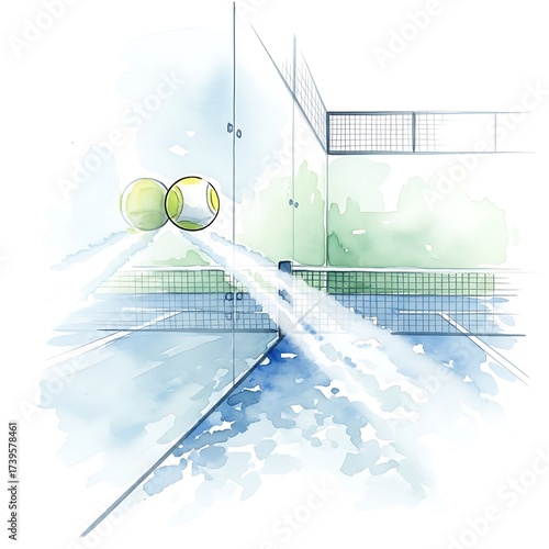 Watercolor Padel Tennis Court Illustration with Net and Balls in Soft Blue and Green Tones