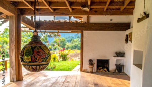 Interior shot of a rustic building with a painted hanging sphere. Green landscape viewable through the wooden structure
