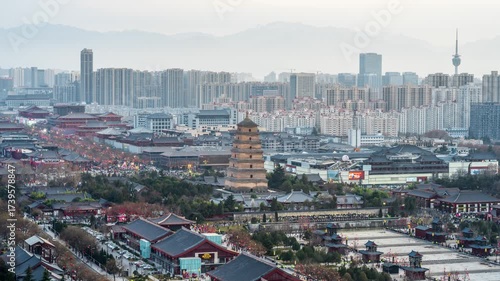 Xi'an China Big Wild Goose Pagoda Ancient Temple Modern City Skyline Aerial View Festival Timelapse Square Format