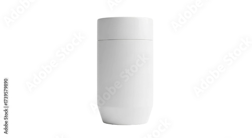 Minimalist white cylindrical bottle with cap, isolated on black background. Perfect for product m...