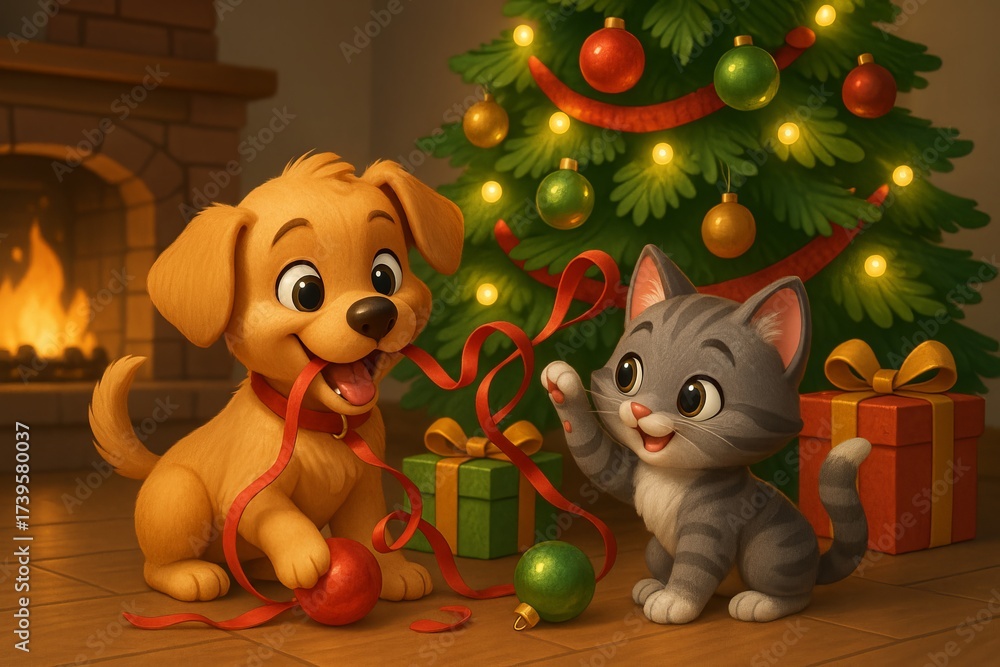 Obraz premium Adorable puppy and kitten playing with christmas ornaments by the fireplace. concept of festive pet playtime, holiday decor, cozy winter celebration scene