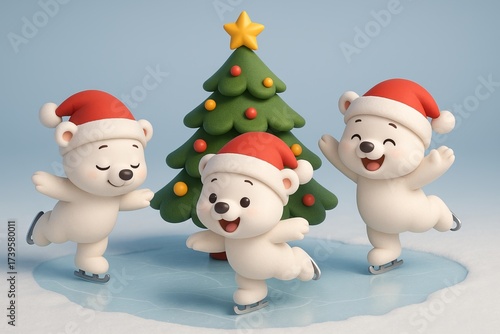 Cute polar bear cubs celebrating holiday on ice skates with christmas tree in background. concept of winter fun, holiday spirit, adorable wildlife