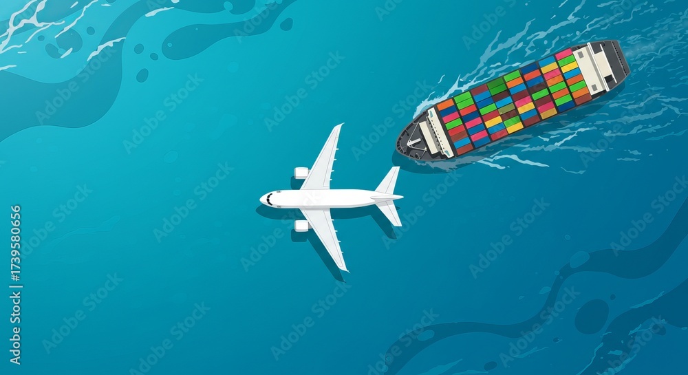 Fototapeta premium A white airplane flies above the blue ocean while a large container ship sails below, representing global freight and transport.