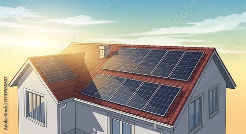 Wallpaper Mural An anime-style illustration of a residential house with solar panels installed on its red-tiled roof at sunrise. Torontodigital.ca