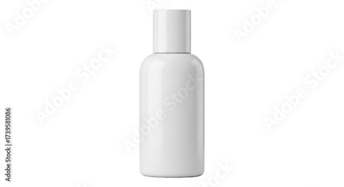 Blank white cosmetic bottle with cap, isolated on a black background. Minimalist product mock-up.