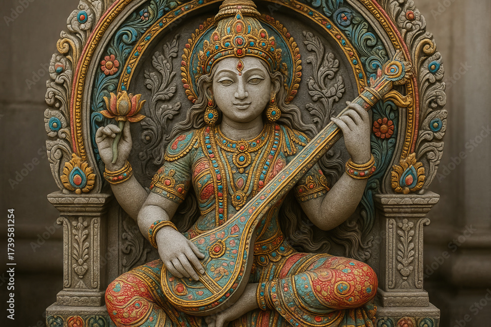 Fototapeta premium Ornate goddess saraswati statue holding veena and lotus in detailed carved shrine. concept of hindu deity, artistic sculpture, spiritual symbol.