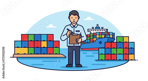 logistics manager checking containers at shipping port with cargo ship overseeing supply chain efficiency ideal for global trade illustrations