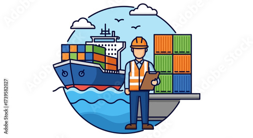 Logistics worker with clipboard overseeing cargo ship and containers at port symbolizing global trade and efficient supply chain management perfect for business reports.