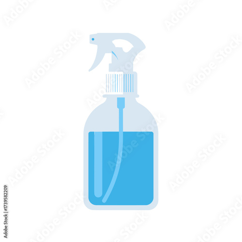 Blue liquid spray bottle for cleaning or disinfection.