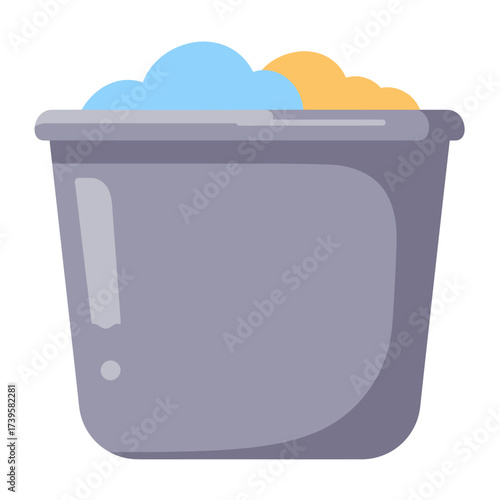 Bucket filled with colorful fluffy material, illustration.