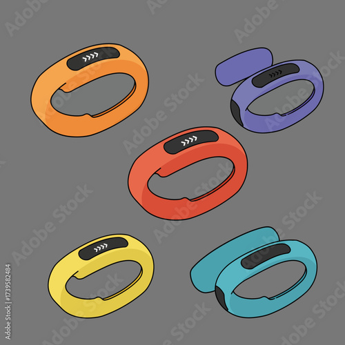 Colorful fitness trackers in various colors for health and activity tracking.