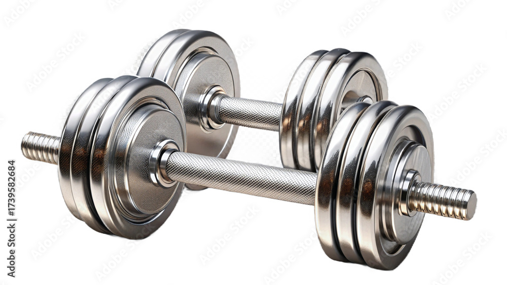 Fototapeta premium A close up of two chrome dumbbells with textured handles and weight plates on a transparent background created with generated ai