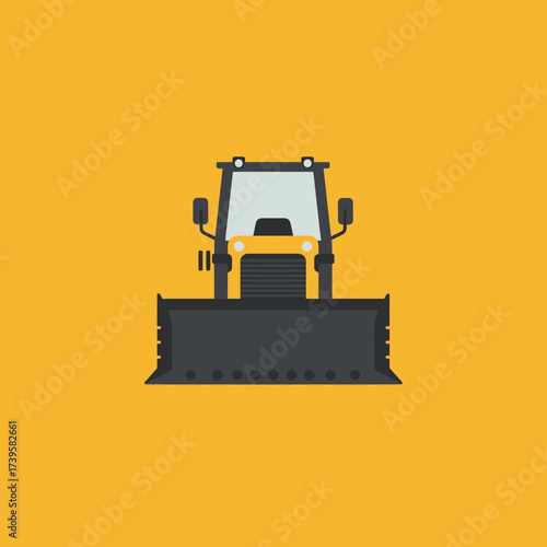 Front view of a yellow bulldozer with a large black blade.