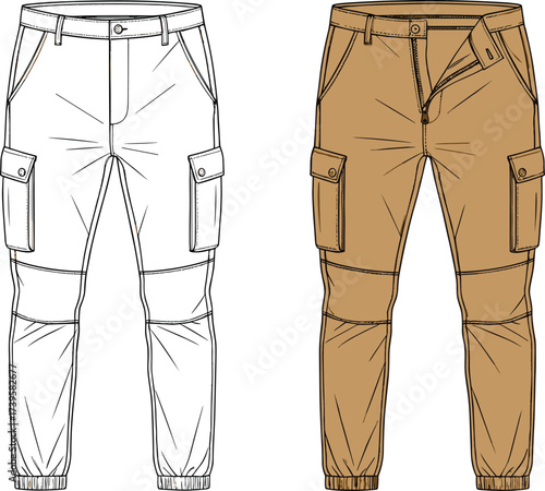 Cargo pants technical sketch, fashion flat illustration, garment design vector, brown trousers template, cad drawing, apparel mockup, elastic cuff style