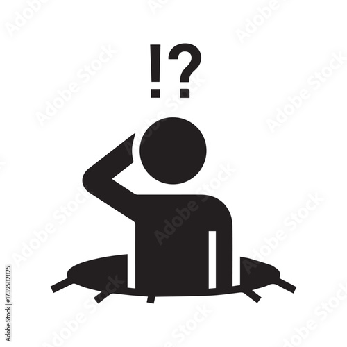 Confused Person Emerging from a Hole Icon, Stick Figure with Question Marks Symbolizing a Trap, Problem, or Discovery.

