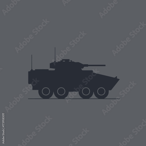 Military armored vehicle silhouette on gray background, ready for combat.