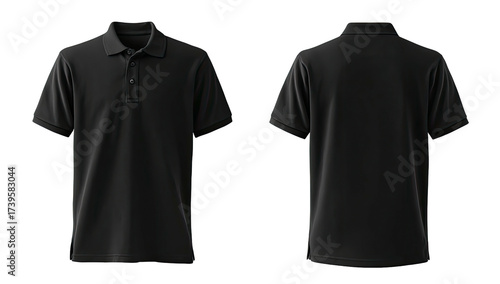 Front and back view of a black polo shirt on a black background
