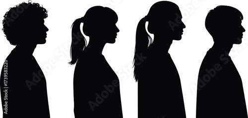 Black silhouette profile illustration of diverse individuals with unique hairstyles, minimal vector design, side view portrait art, human diversity concept