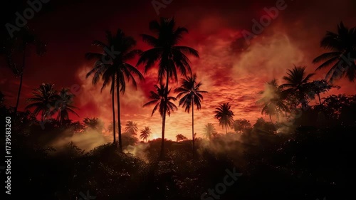 Silhouette of palm trees against a fiery red sky with dramatic fog