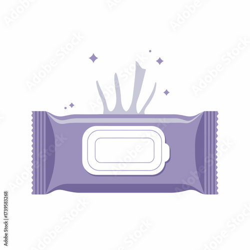 Purple package of wet wipes with a white label and some wipes coming out.