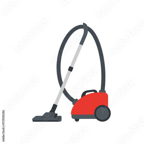 Red vacuum cleaner with hose and nozzle for cleaning floors.