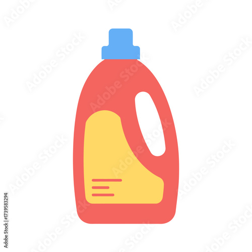 Red laundry detergent bottle with yellow label and blue cap.